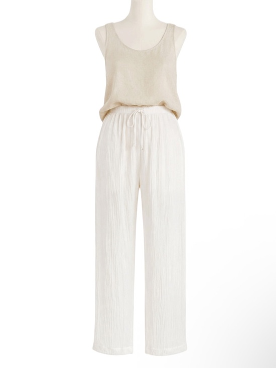 I.N. Studio Pants - NWT VTG 90s Deadstock Ivory Crinkle Breezy Wide Leg Pull On Pants Resort Beach M